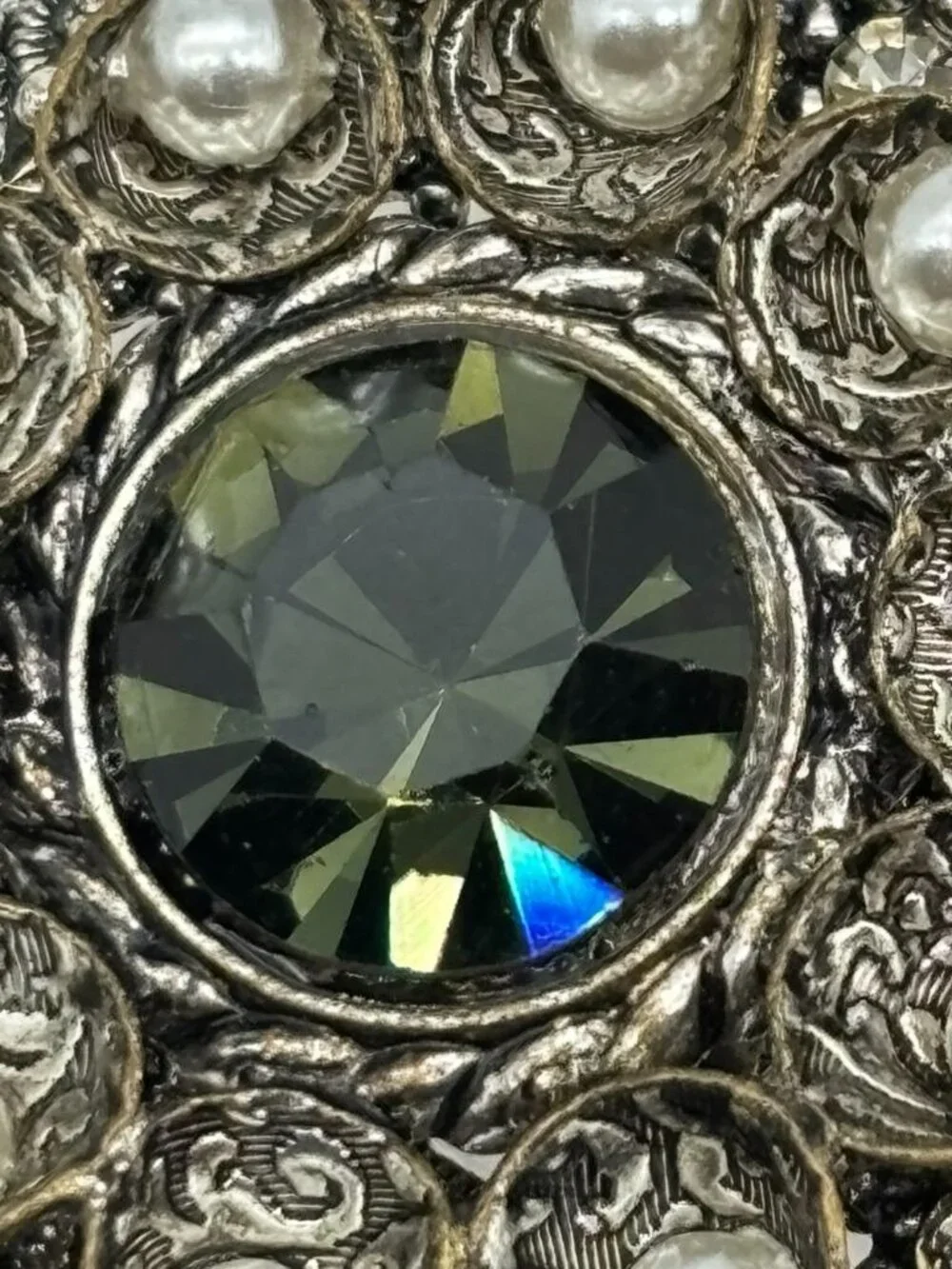 Vintage West Germany High Dome Brooch W/Crystal Faux Pearls Filigree Silver-Tone